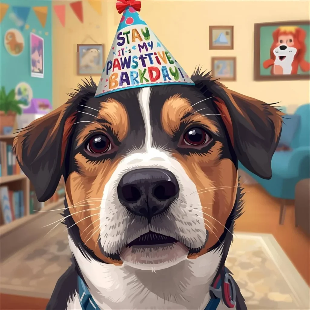 Dog birthday photo with hat and cake – funny dog birthday pun